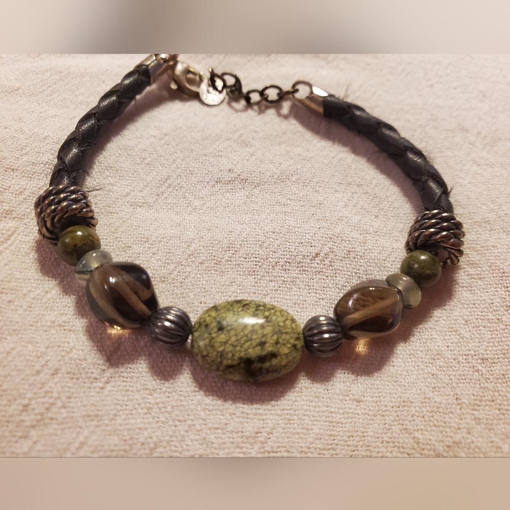 Vintage 925 Silver Semi Precious Stone Leather Bracelet and Necklace